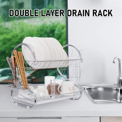 2 Tier Dish Drainer Rack With Drip Tray Kitchen Drying Rack Bowl Plate Holder UK