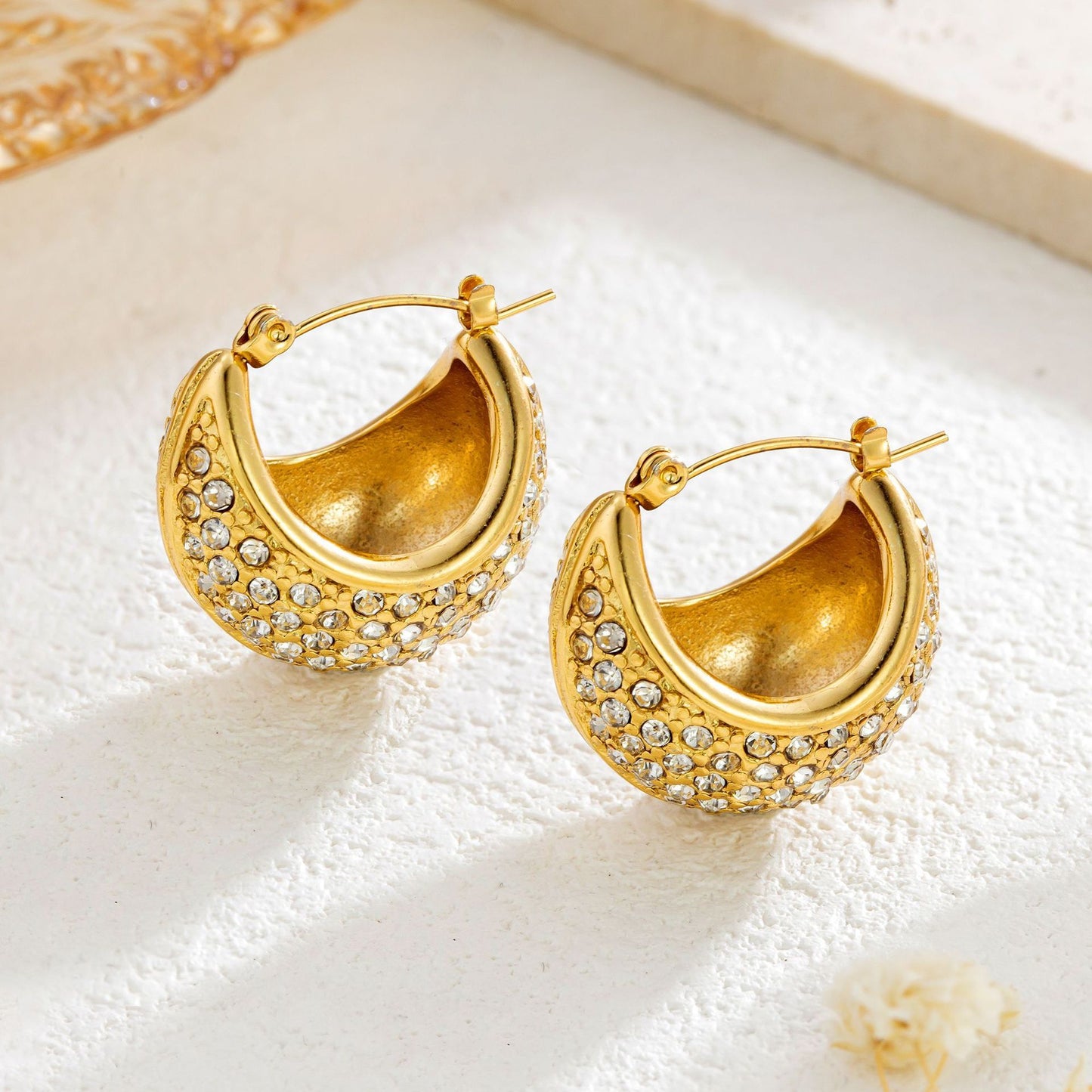 Titanium Steel Gold Plated Gold Oval Diamond Earrings