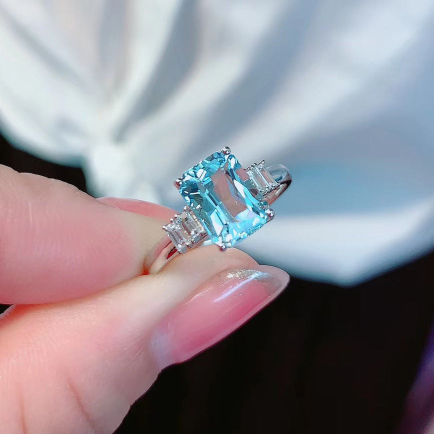 Elegant Rectangular Light Ocean Blue Simulation Topaz Colored Gems Open Ring