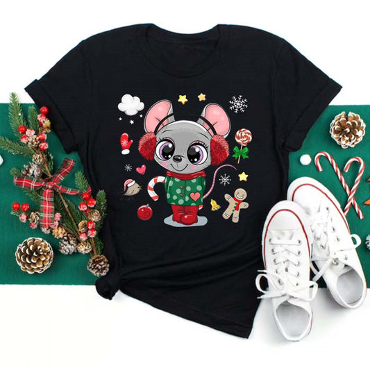 Christmas Penguin Owl Print Women's Black T-Shirt