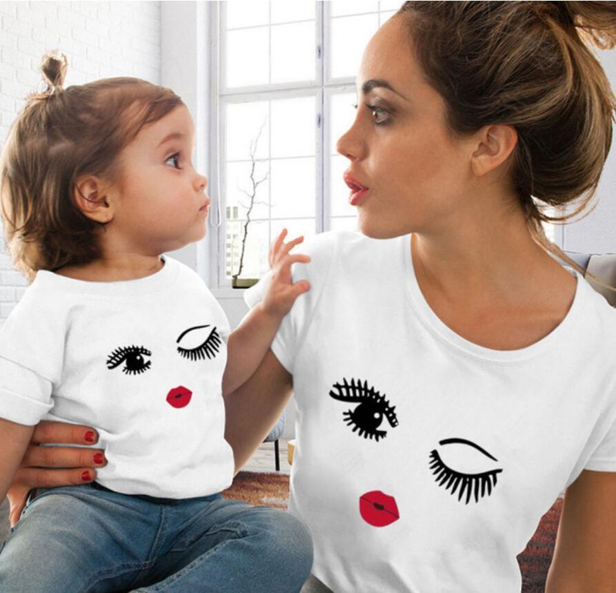 Girls Red Lip Print T-shirt Funny Family Collocation