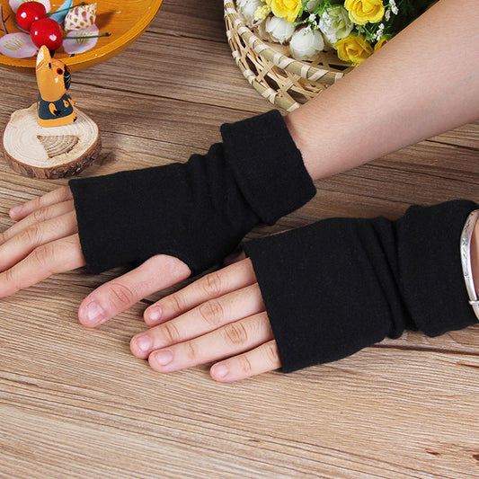 Double Black Keep Warm Pure Color Half Finger Winter Cotton Gloves