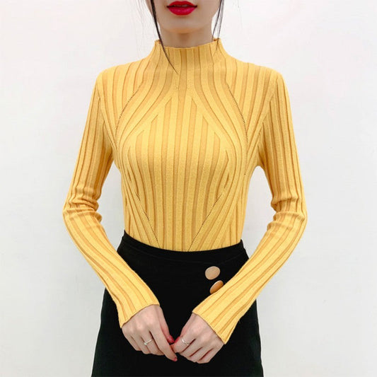 Long-sleeved t-shirt women's autumn and winter new Korean version of the slim pit stripe all-match solid color bottoming sweater top