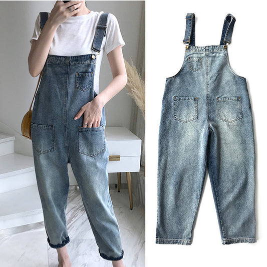 Women's Vintage Loose Cropped Denim Strap Pants