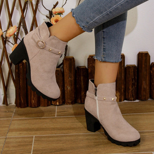 High Heel Women's Chunky Heel Round Toe Side Zipper Ankle Boots