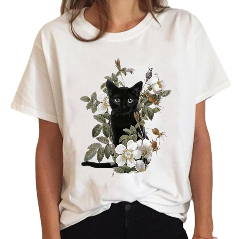 Women's Short Sleeve Cat Print