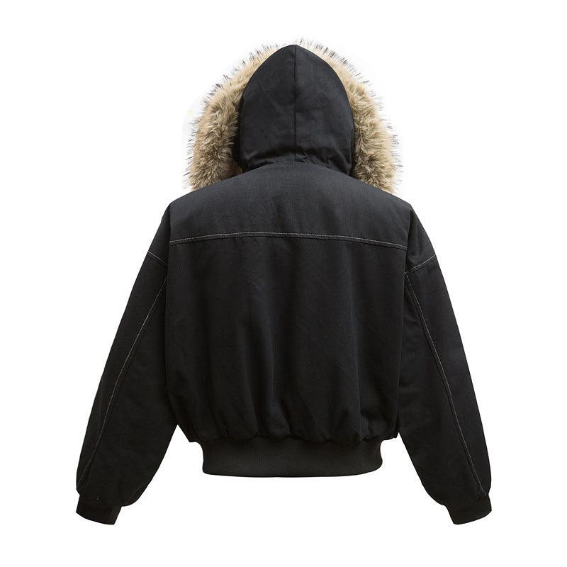High Street Line Splicing Fur Collar Hood Cotton Coat Jacket