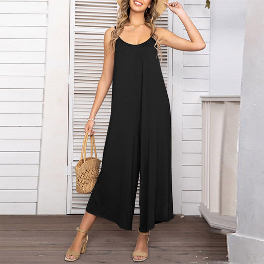 Sleeveless Skinny Strap Jumpsuit Wide Leg Pants