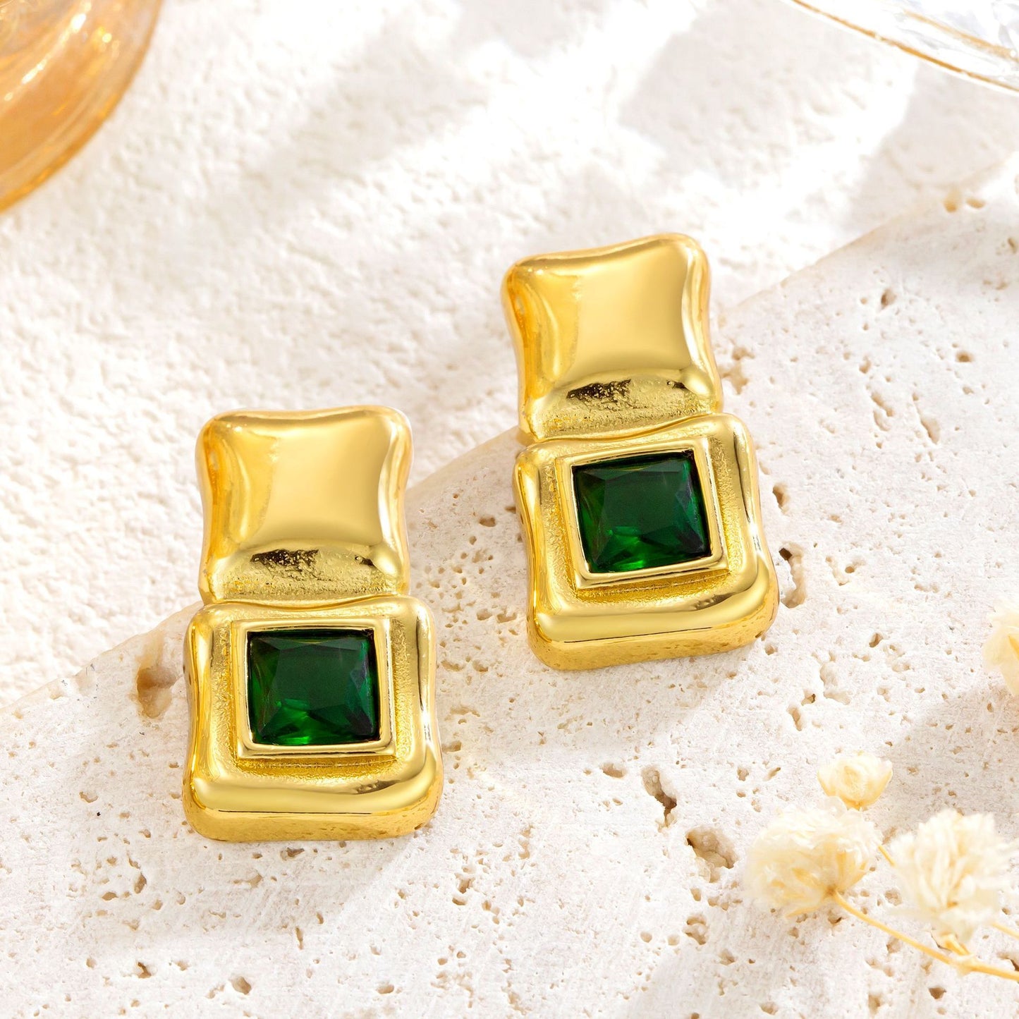 Square Geometric Stainless Steel Inlaid Zircon Stud Earrings Fashion