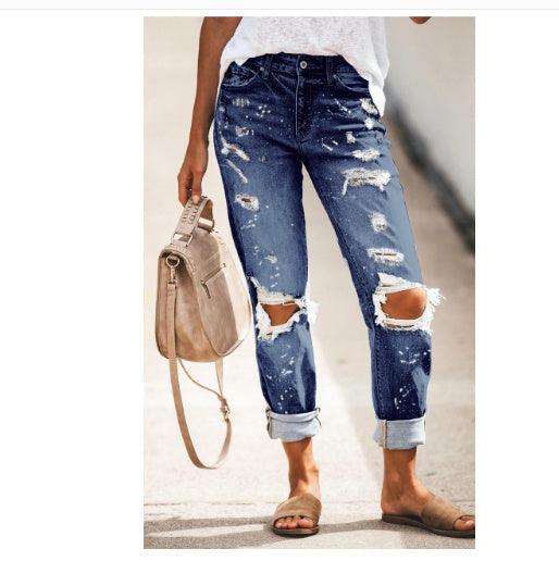 Autumn Street Hipster Trousers Ripped Washed Straight-leg Pants Women's Jeans