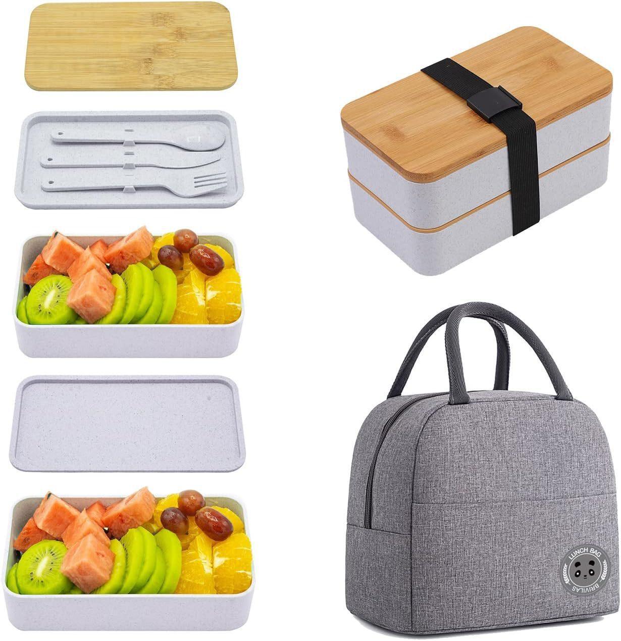 Japanese-style Bamboo Wood Cover Double-layer Plastic Microwaveable Portable Bento Box Suit