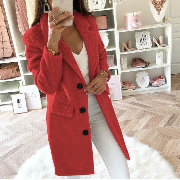 Solid Color Suit Collar Mid-Length Double-Breasted Woolen Coat