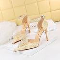 Low-cut Hollow One-word With Pointed Toe Rhinestone Pearl Flower Sandals High Heels