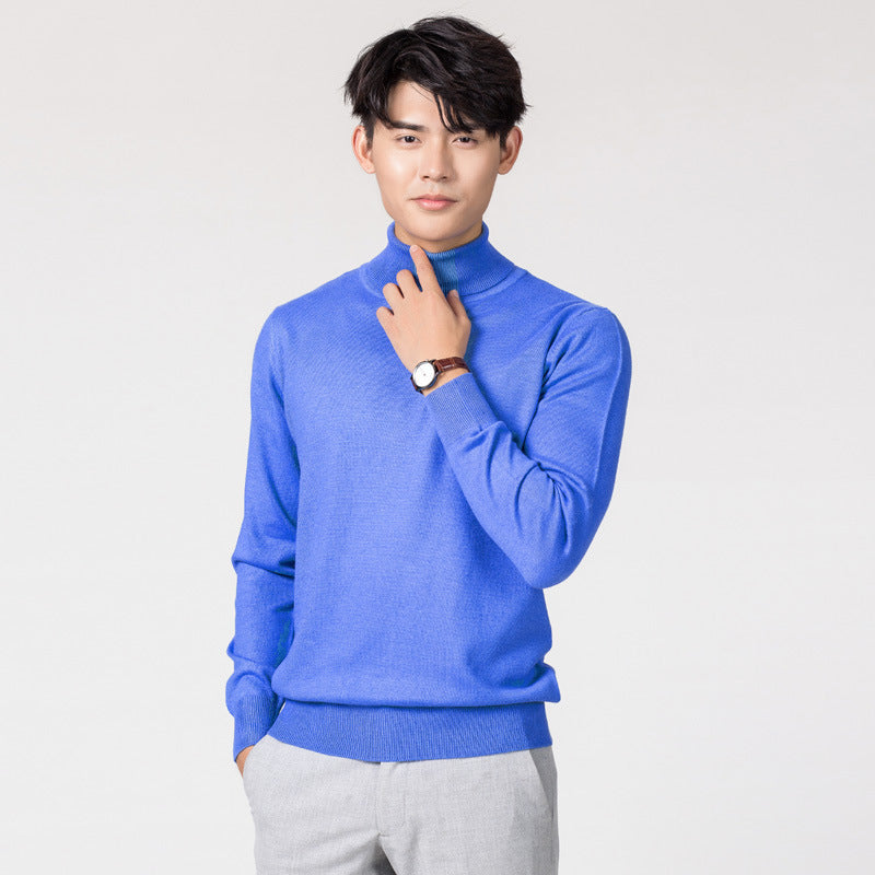 Knit Sweater Men High Neck Pullover Solid Color Slim Fit