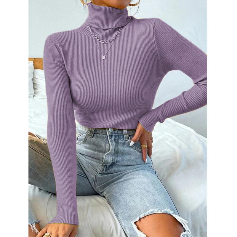 New European And American Women's High Neck Sweater Pullover Knitted Top