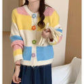 Rainbow Striped Floral Buckle Knitted Cardigan Coat For Women