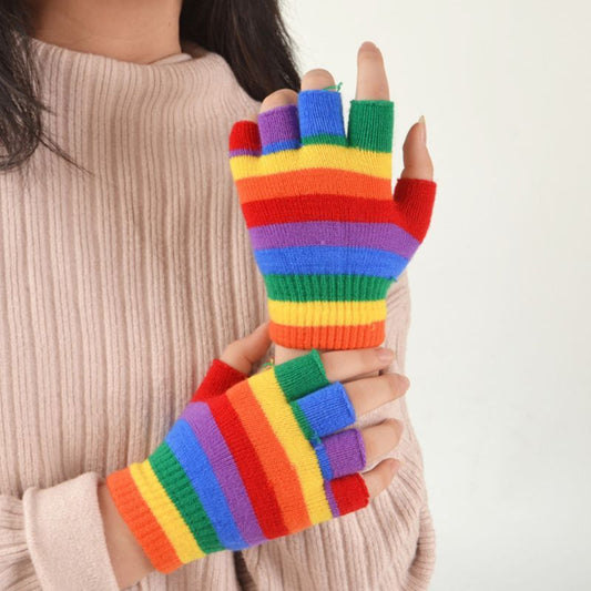 AdultRainbow Striped Gloves Fingerless Half Finger Gloves