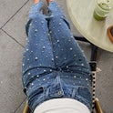 Oblique Waist Cross Beaded Straight-leg Frayed Hem Jeans