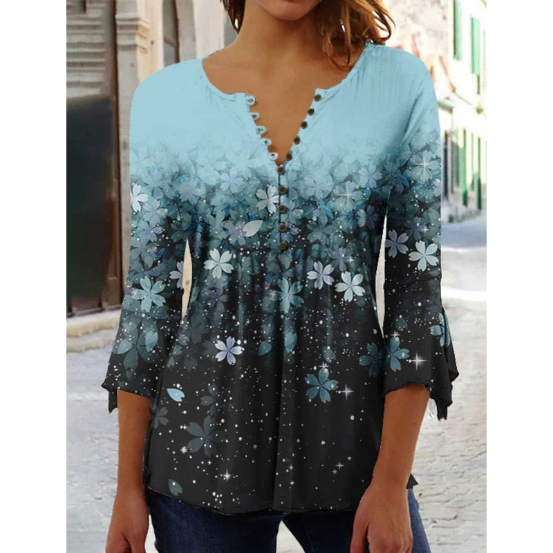 Women's Digital Printing V-neck Long-t-shirt