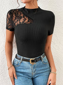 Slim-fit Slimming Lace Patchwork Short-sleeved T-shirt Women's Top