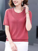 Summer Hollow-out Ice Silk Short Sleeve Middle-aged Round Neck Knitted Shirt Thin