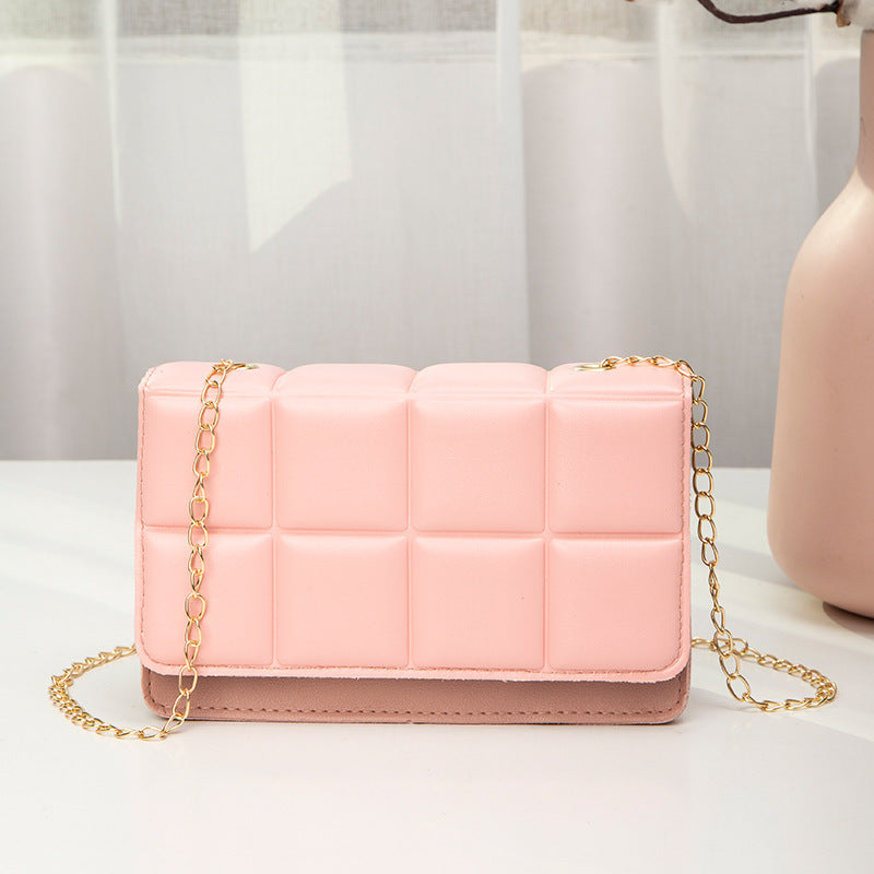 Plaid Embossed Small Square Bag Solid Color Tassel Big Chain Mobile Phone Bag