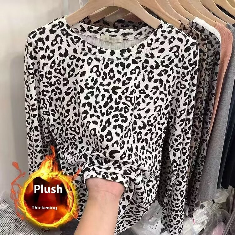 Fashionable Leopard Print Long Sleeve All-match Round Neck Bottoming Shirt