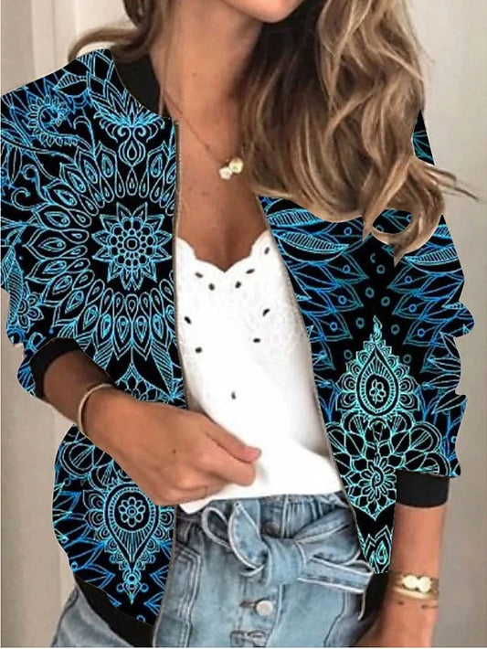 New Loose Stand Collar Cardigan Print Coat Women's Clothing