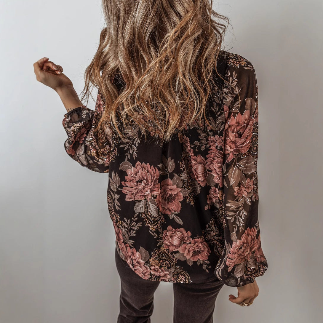 V-neck Long Sleeve Top Floral Print Women's Chiffon Shirt Women