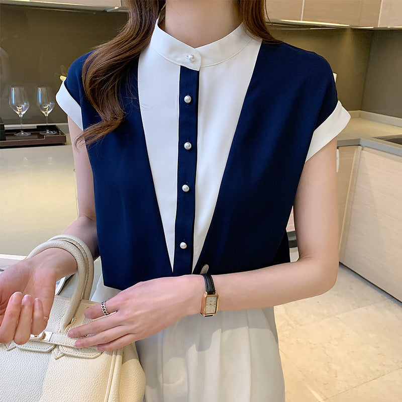 Temperament Contrast Color Small Stand Collar Stitching Short Sleeve Shirt