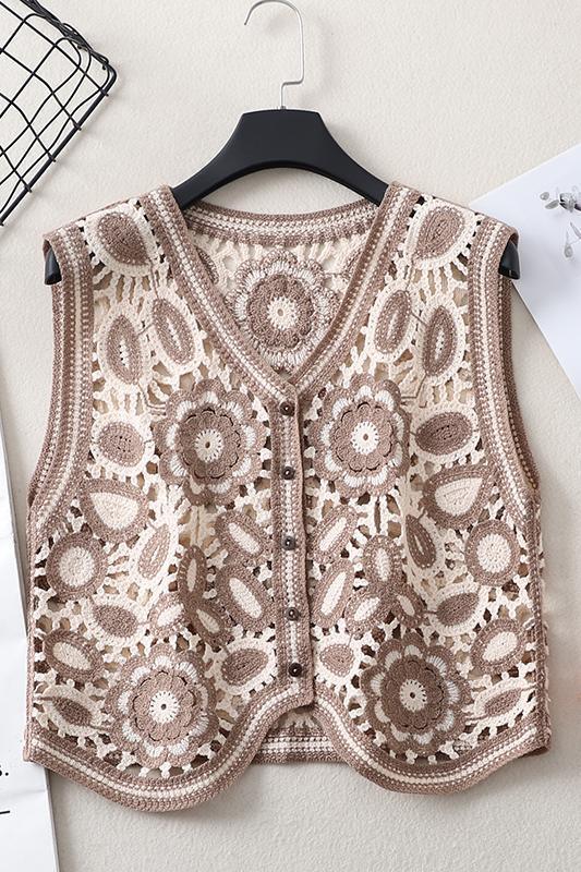 Spring Outdoor Irregular V-neck Vest Female Hollow Embroidery Vest Jacket Cardigan Outerwear Top