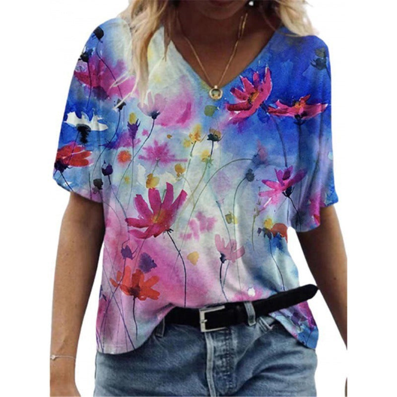 Flower Painting Printed T-shirt For Women