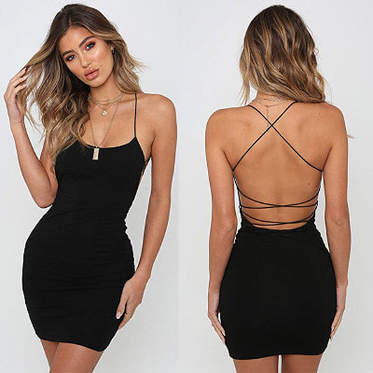 Solid Backless Midi Dress with Lace Up