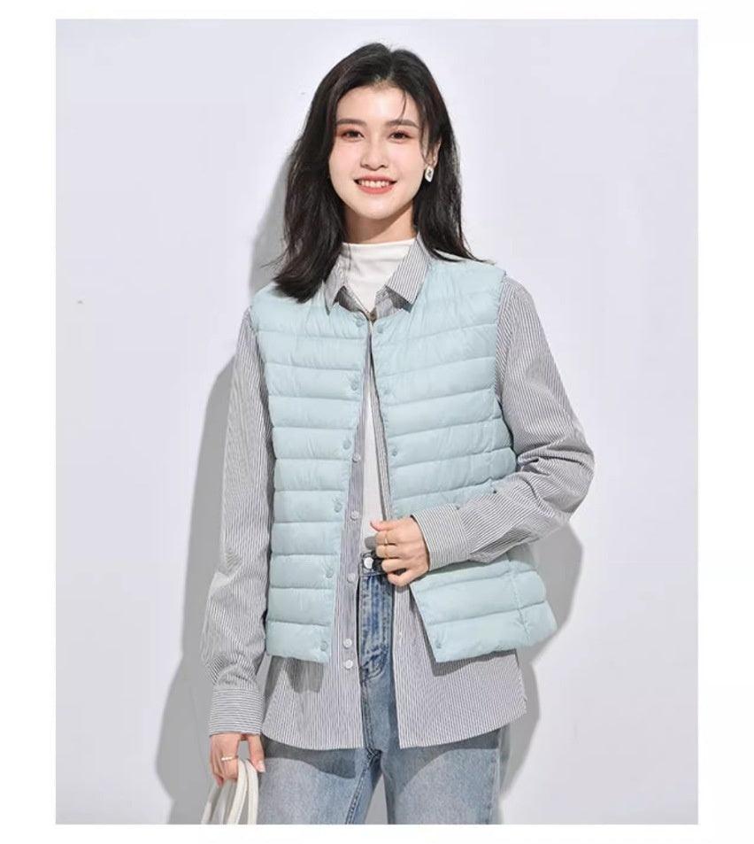 Women's Liner Waistcoat Lightweight Vest Down Jacket Round Neck Thin Lightweight