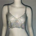 Deep V Sexy Rhinestone Metal Camisole Split Short Top