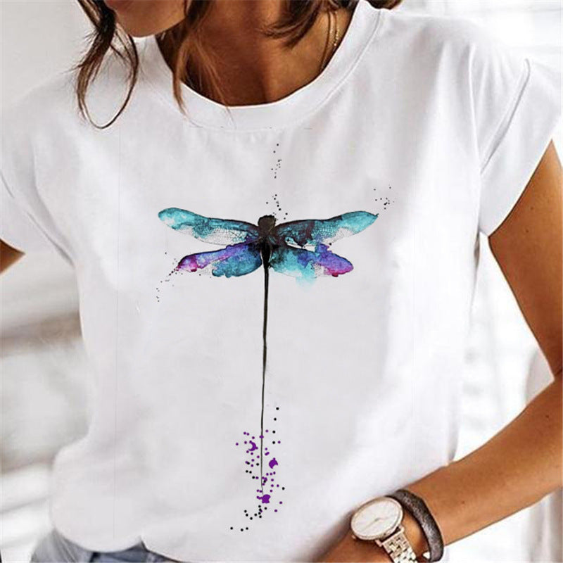 Feather Fashion Print Round Neck Sports Short Sleeve