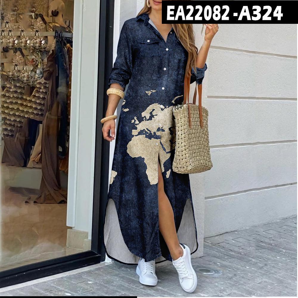 Women's Map Digital Printing Fashion Shirtdress
