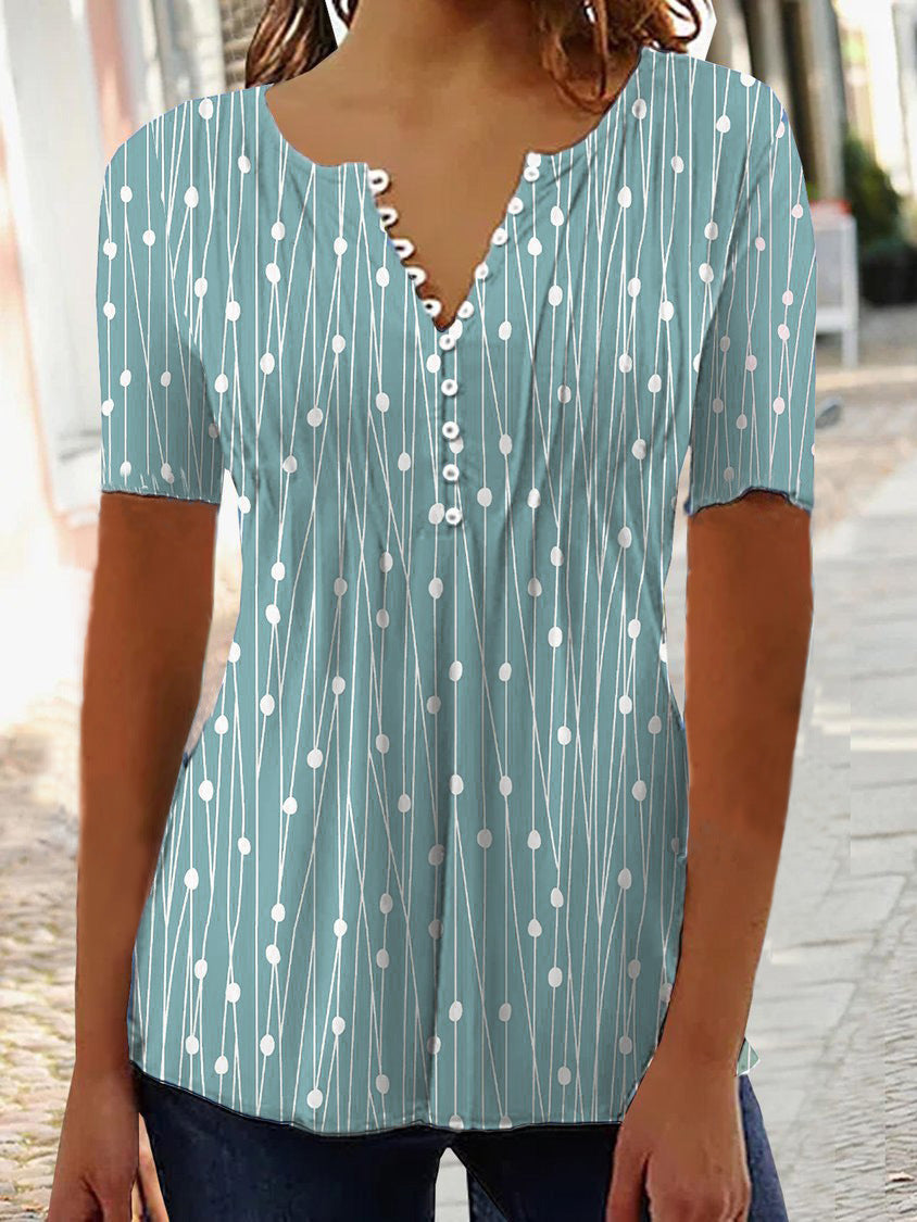 Women's Summer V-collar Polka Dot Short-sleeved Shirt