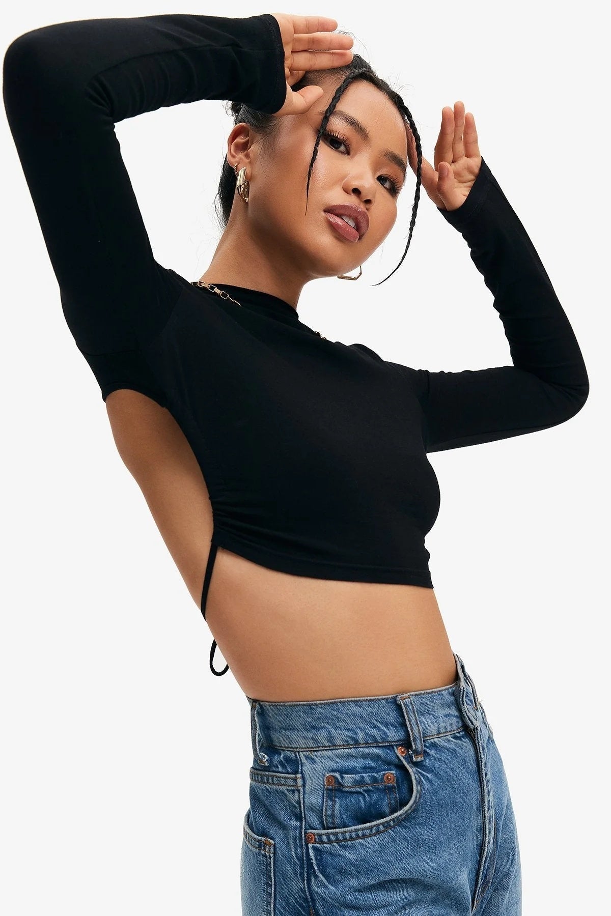 Crop Top Solid Tie Backless Curved Hem