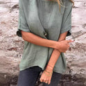 Women's Round Neck Long Sleeve Cotton And Linen Loose-fitting T-shirt Top