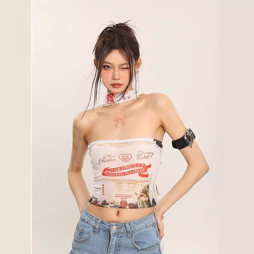 Printed Strapless Tube Top Women's Slim-fit Mesh Top