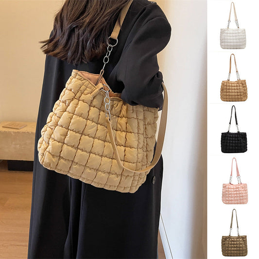 Chain Plaid Down Hanbags Large Capacity Bubble Designer Tote Bag Women's Autumn And Winter Fashion Pleated Armpit Shoulder Bag