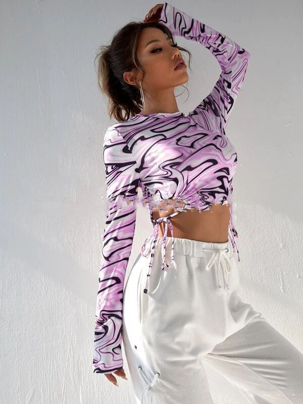 Abstract Printed Slim Cropped Long-sleeved Top