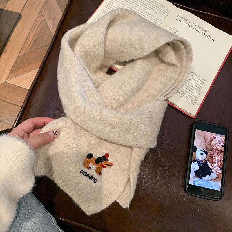 Autumn And Winter Fashionable Warm Cartoon Cute Embroidered Puppy Scarf For Women