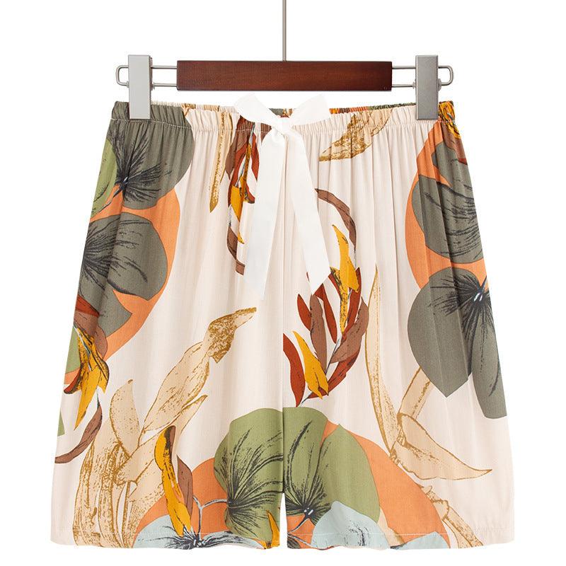 Plus Size Home Printed Bow Cotton Silk Shorts