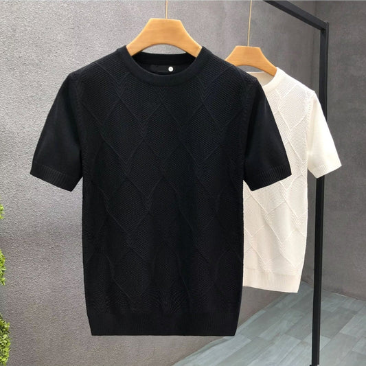 Diamond Lattice White Sweater With Short Sleeves Men's Slim Bottoming Shirt