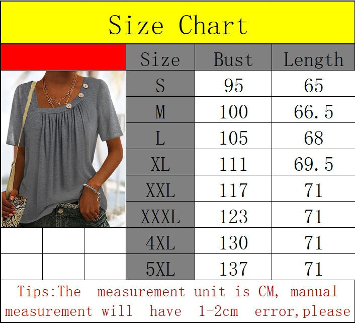 European And American Fashion Solid Color Buttons Round Neck Short Sleeve