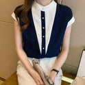 Temperament Contrast Color Small Stand Collar Stitching Short Sleeve Shirt