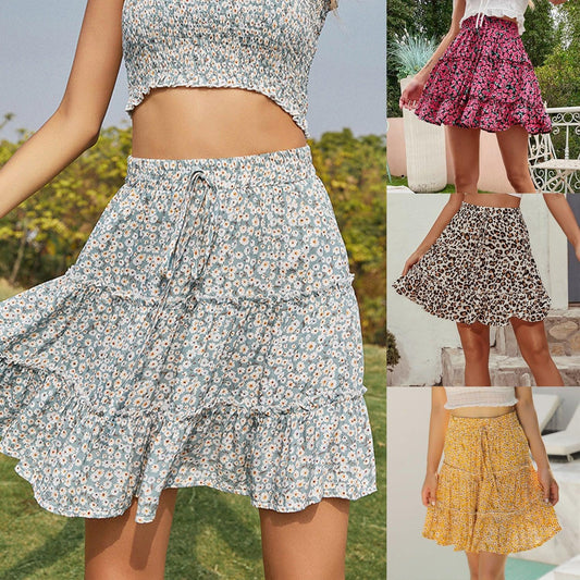 High Waist Ruffled Floral Skirt Printed Beach A-Line Skirt