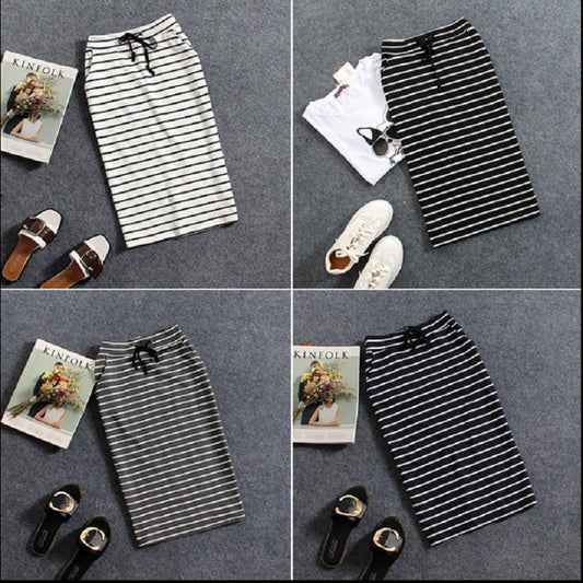 Black And White Striped Casual Pocket Mid-length Bag Hip Skirt